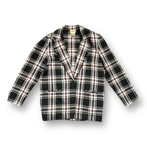 Vintage 90s Blazer Jacket Oversized Black Tan Plaid One Button Preppy Small - Picture 1 of 9